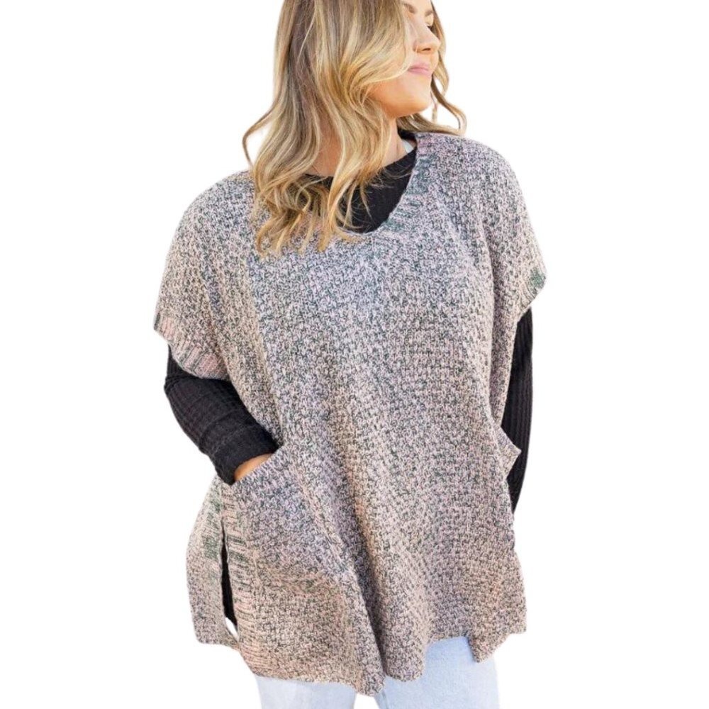 V Neck Knit Poncho‎ Top with Pockets Boxy Oversized Sweater Khaki Green OS NWT